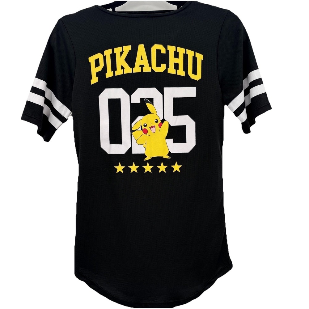 Pikachu Pokemon Women Small #025 Jersey Black Baseball Shirt Double Sided Y2K